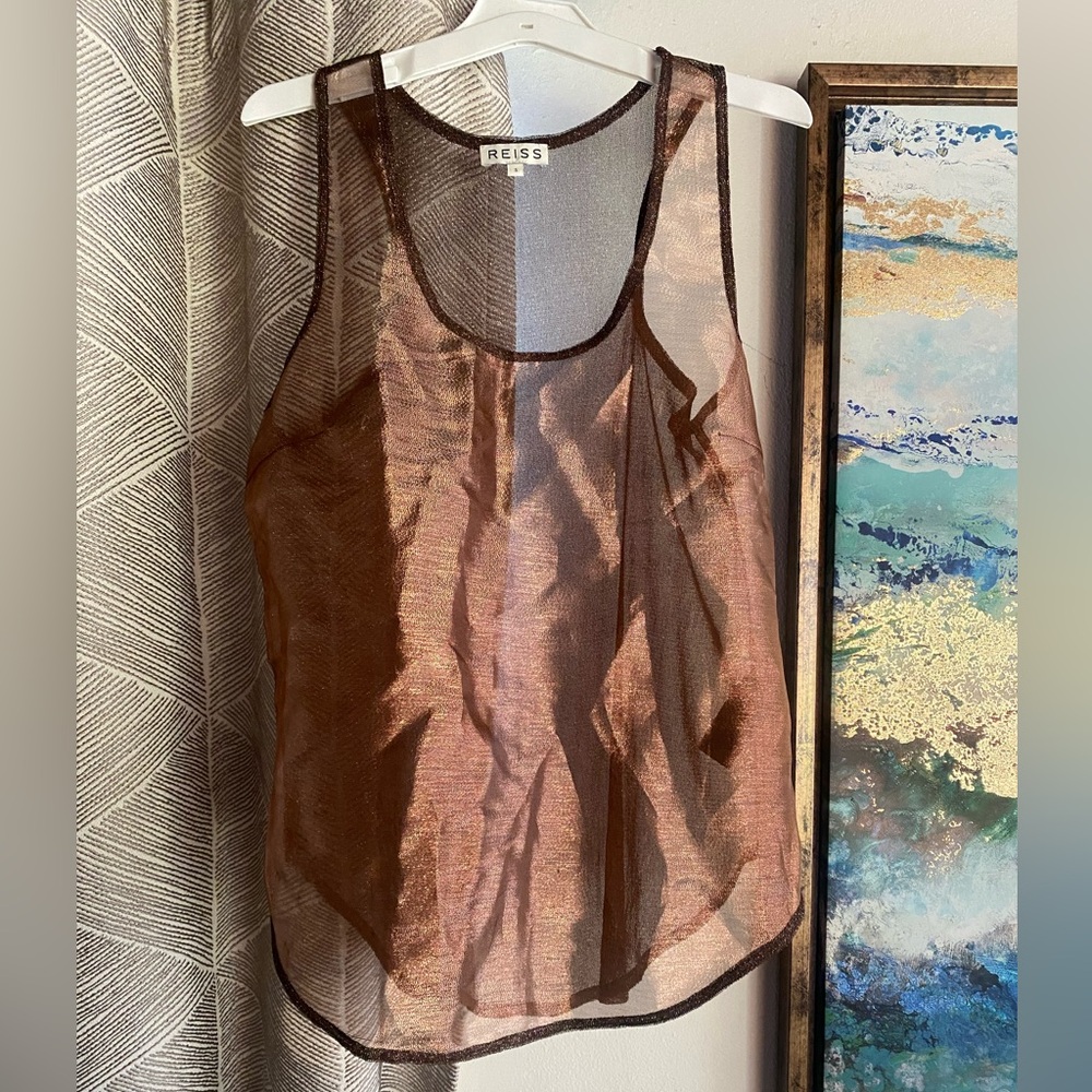 REISS Top Sheer Metálic Tank Womens Copper Organza Sz S